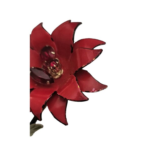 Francois Red Enamel Rhinestone Metal Stemmed Flower Brooch, Signed E957 - Picture 5 of 13